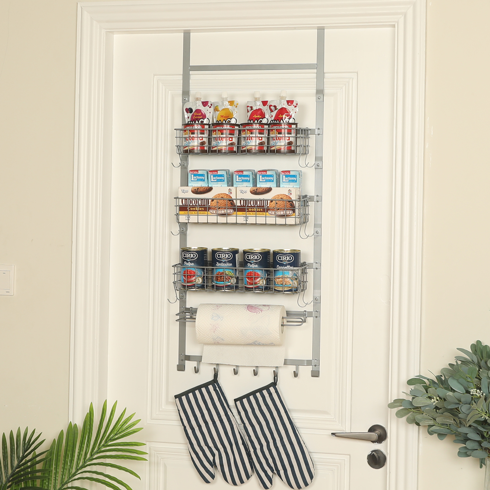5 Tier Adjustable Spice Rack Wall Mounted with Hooks and Napkin Holder for Kitchen and Bathroom, Silver