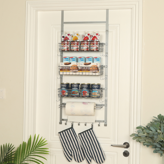 5 Tier Adjustable Spice Rack Wall Mounted with Hooks and Napkin Holder for Kitchen and Bathroom, Silver
