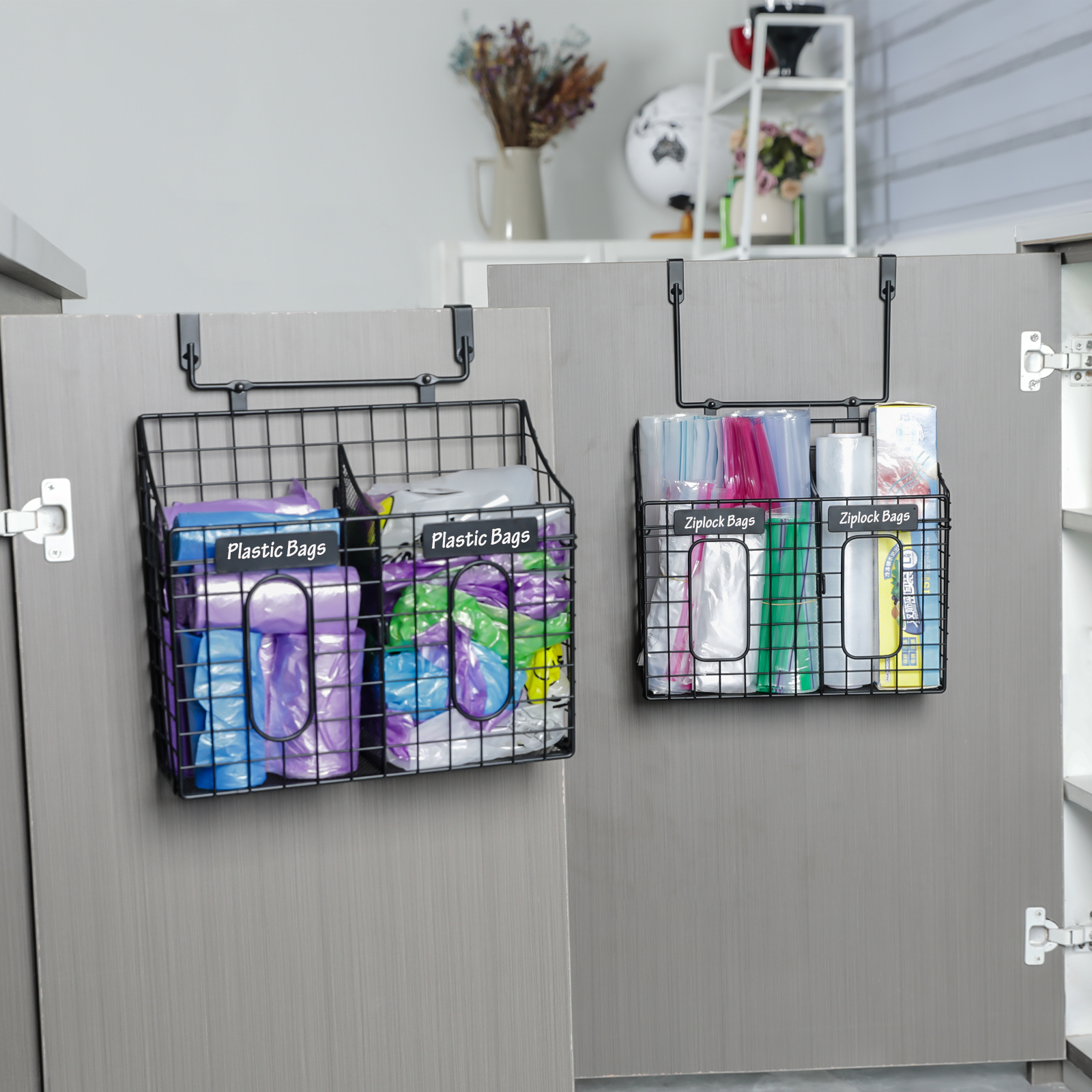 Over the Cabinet Door Organizer with Nameplates for Trash Grocery Bags Cuttingboard Holder for Kitchen Storage Hanging&Wall Mounted
