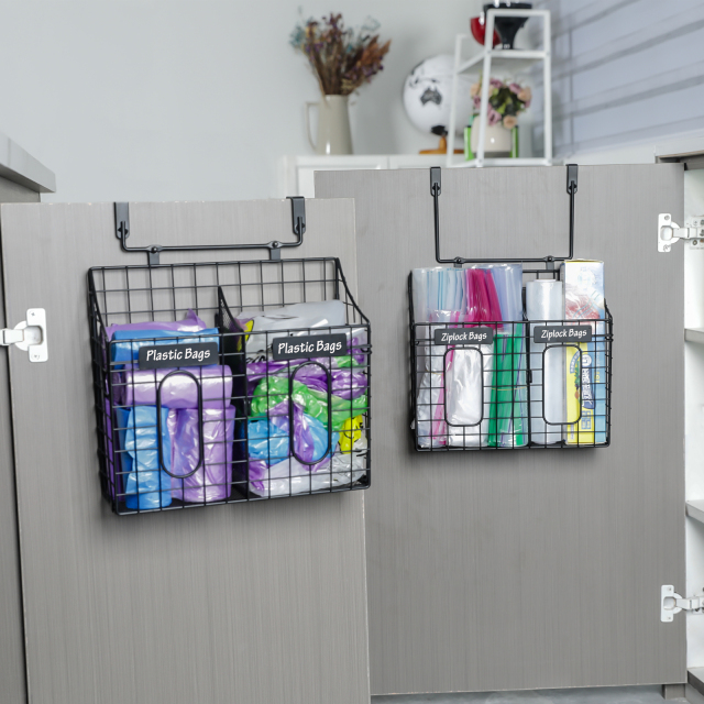 Over the Cabinet Door Organizer with Nameplates for Trash Grocery Bags Cuttingboard Holder for Kitchen Storage Hanging&Wall Mounted