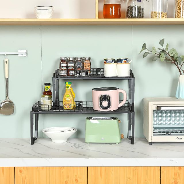 Expandable Cabinet Shelf Organizers Stackable Kitchen Countertop Shelves with Removable Fence