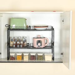 Expandable Cabinet Shelf Organizers Stackable Kitchen Countertop Shelves with Removable Fence