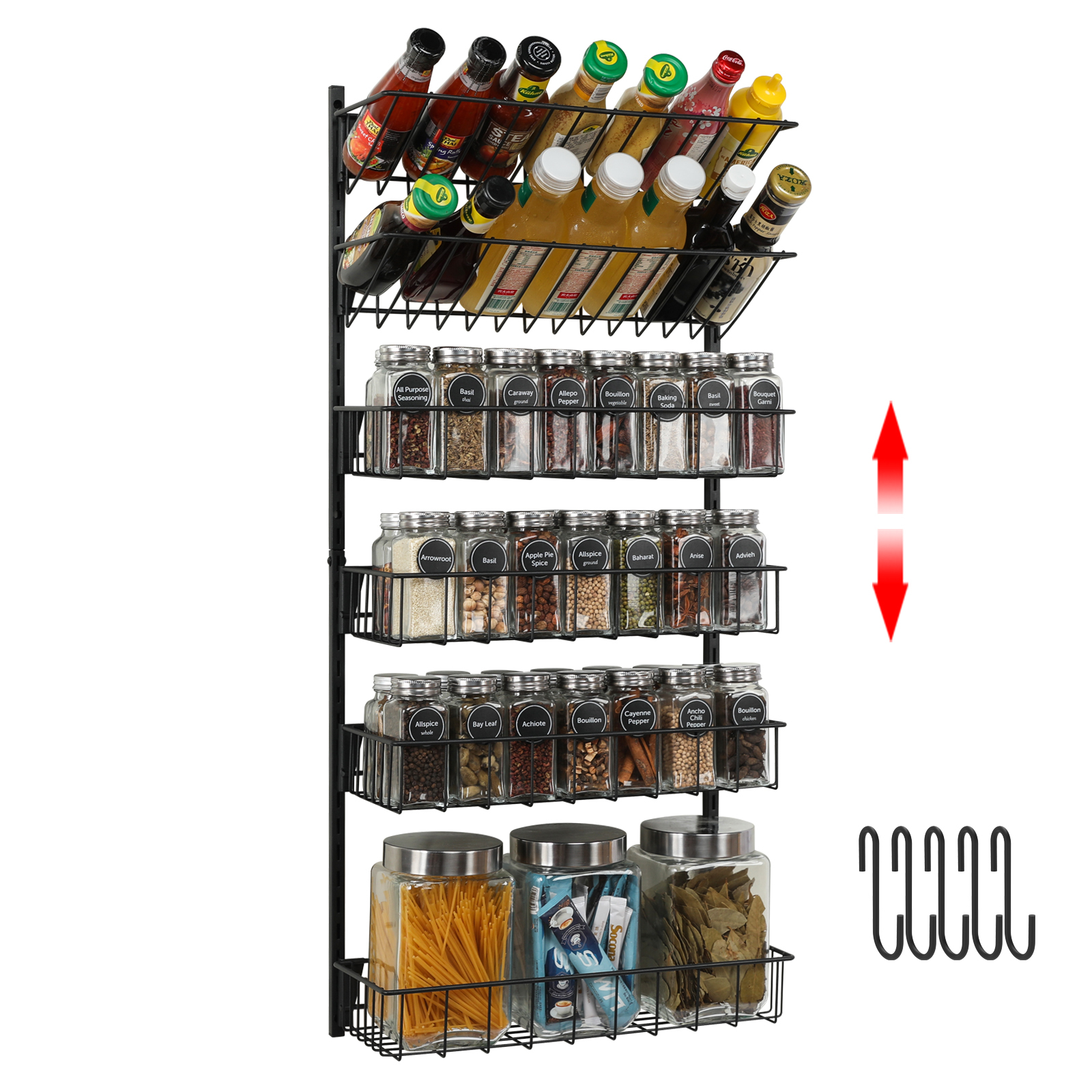 6-Tier Wall Mounted Spice Rack Organizer Hanging Height-Adjustable Seasoning Holder Rack