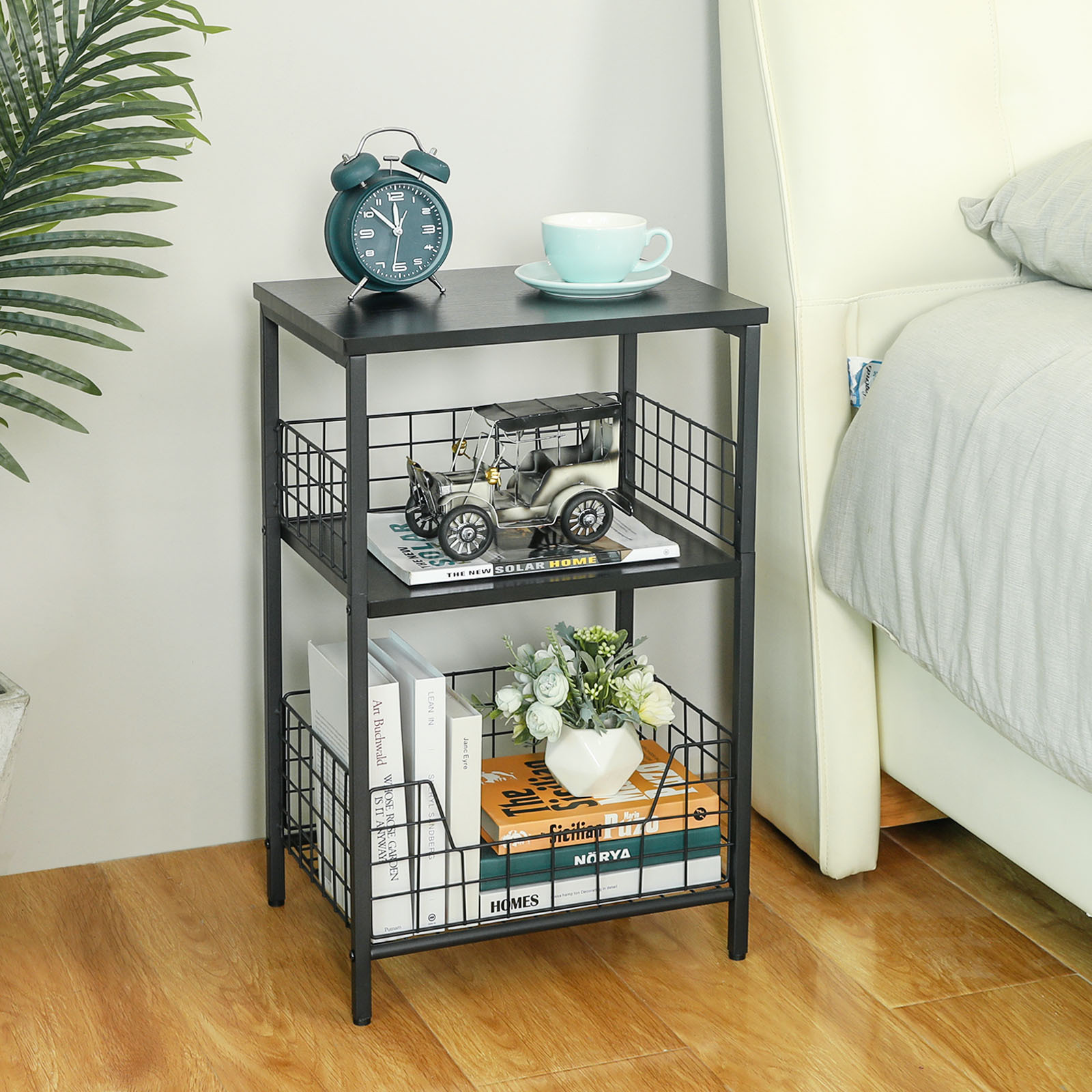 Stable Wood and Metal side Table Storage Shelf