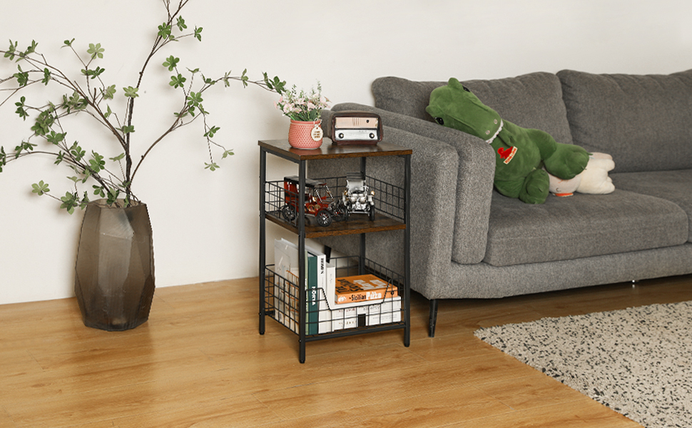 Stable Wood and Metal side Table Storage Shelf