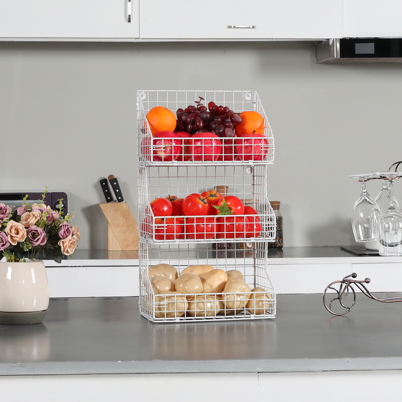 3 Tier Stackable Tea Bag Organizer Large Size with 5 Hooks Metal Wire Basket Coffee Snack Rack Holder Countertop Caddy