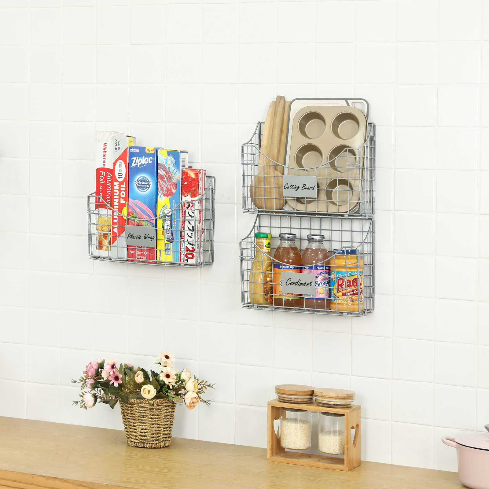 Over Door Storage Basket with Name Plate 5 S Hooks  for Kitchen Pantry Bathroom