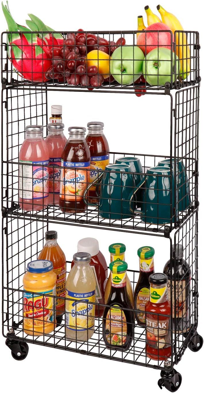 Slim Rolling Cart for Narrow Spaces 3 Tier Metal Utility Storage Cart Mesh Baskets and Lockable Wheels