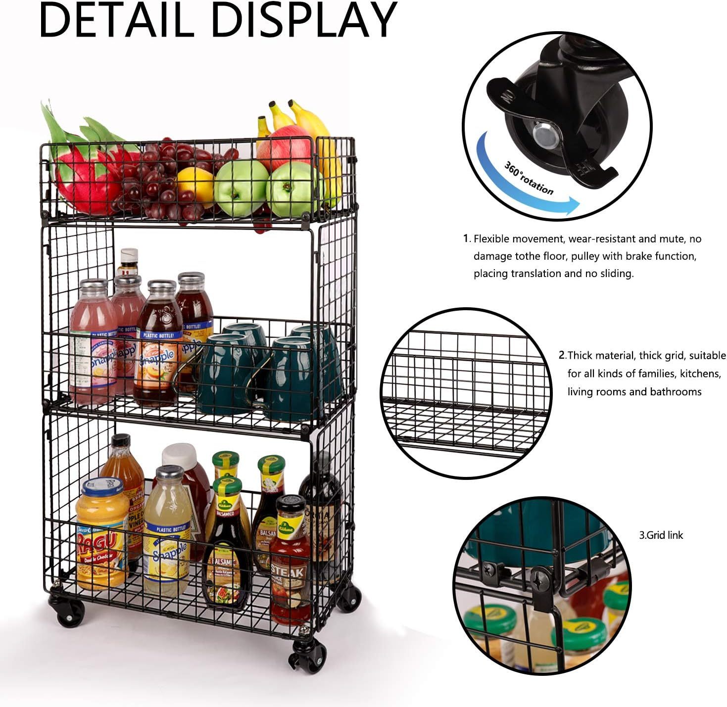 Slim Rolling Cart for Narrow Spaces 3 Tier Metal Utility Storage Cart Mesh Baskets and Lockable Wheels