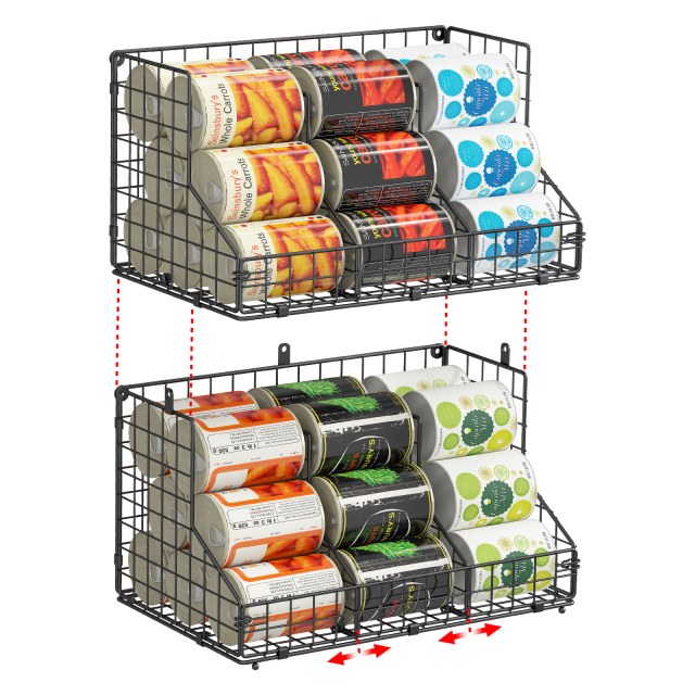 2-Tier stackable Metal Wire Basket can Rack with 4 Adjustable Dividers for Kitchen Cabinet Pantry, Black