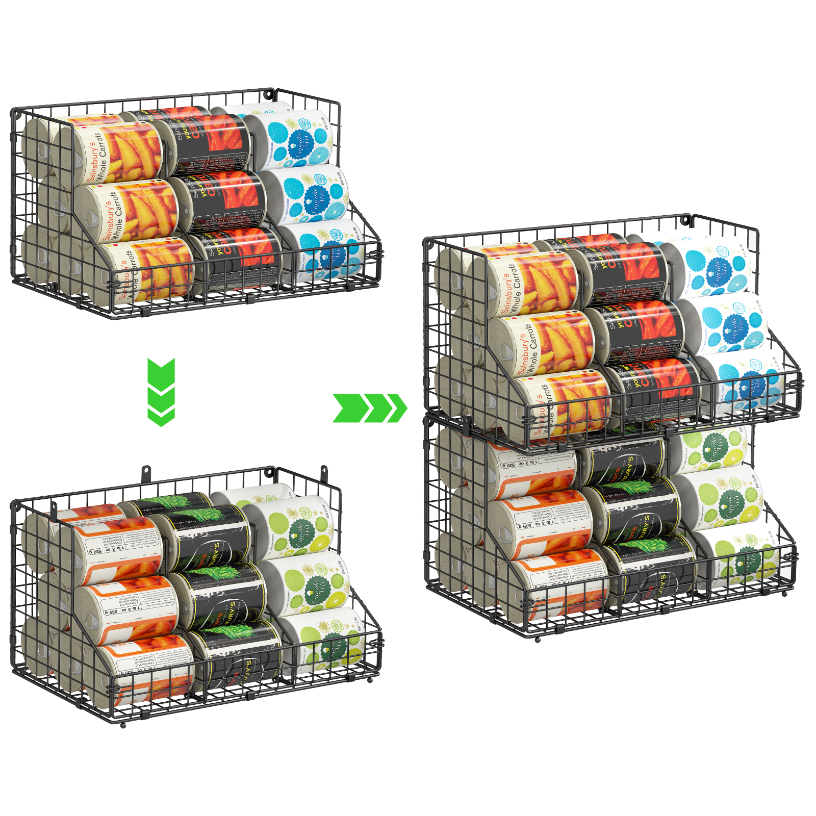 2-Tier stackable Metal Wire Basket can Rack with 4 Adjustable Dividers for Kitchen Cabinet Pantry, Black