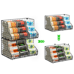 2-Tier stackable Metal Wire Basket can Rack with 4 Adjustable Dividers for Kitchen Cabinet Pantry, Black