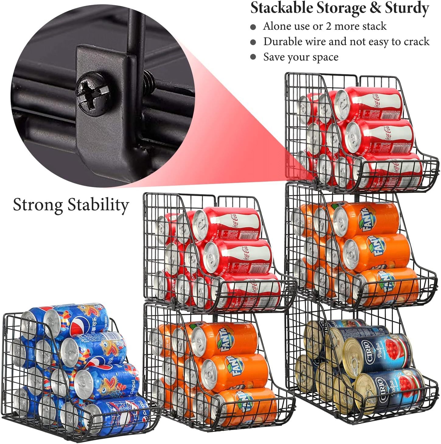 3 Pack Stackable Can Organizer Metal Wire Basket Beverage Pop Soda Rack Stand Kitchen Pantry Countertop Cabinets