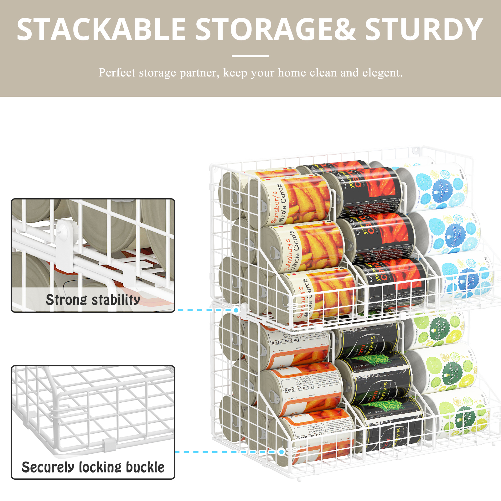 Multifunctional PantryStackable Wire Baskets for Snack Spice Canned Food, White