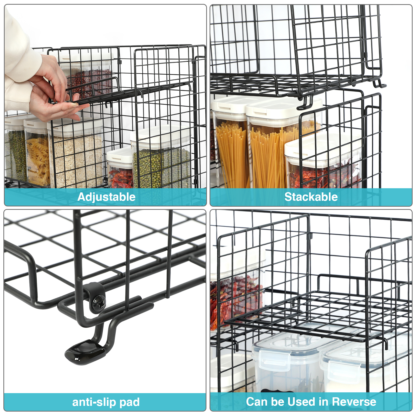 4 Tier Countertop & Cabinet Spice Rack with Adjustable Dividers Stackable Wire Basket for Kitchen & Pantry