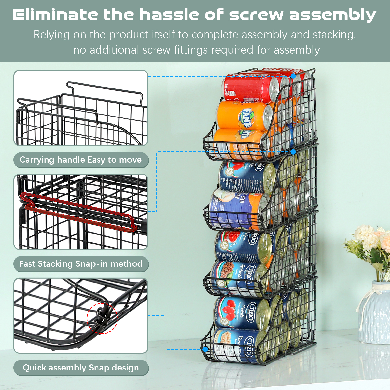 4-Pack Can Storage Organizer Pantry, Stackable Kitchen Canned Food Holder With Handles
