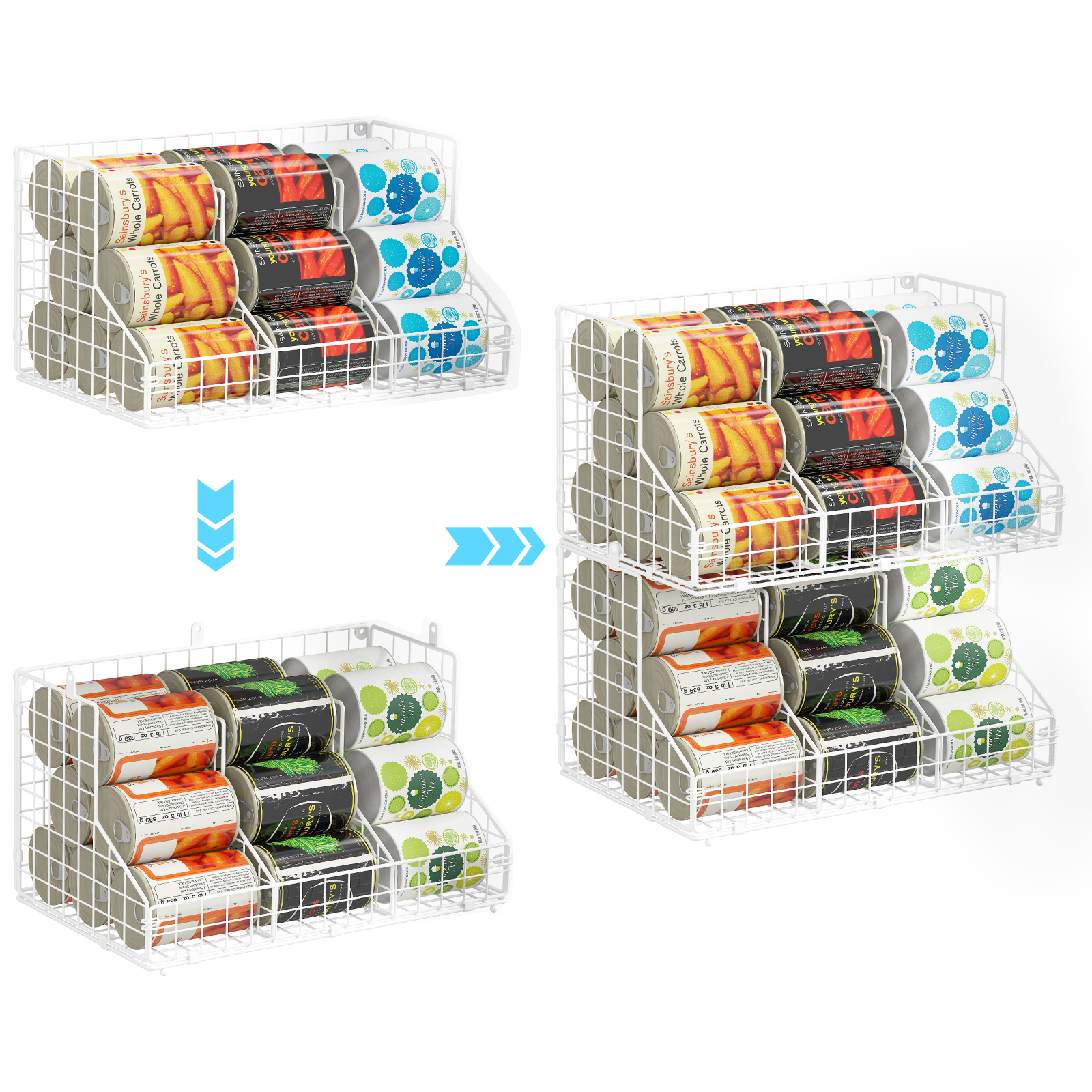 Multifunctional PantryStackable Wire Baskets for Snack Spice Canned Food, White