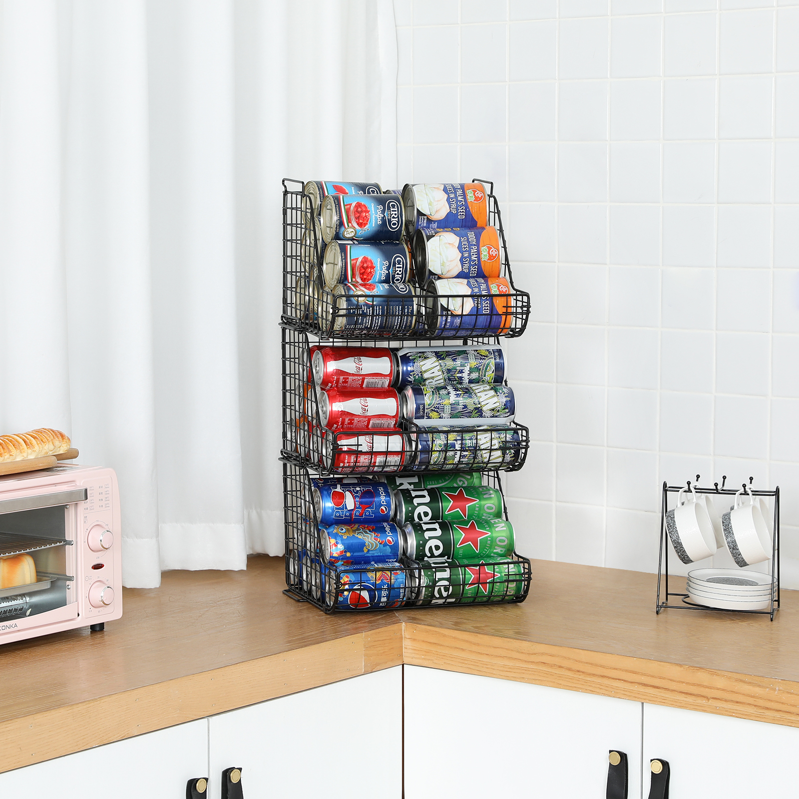Stacking Can Dispensers 3 Tier with 3 Divider Food Rack Wire Bins for Kitchen Cabinet