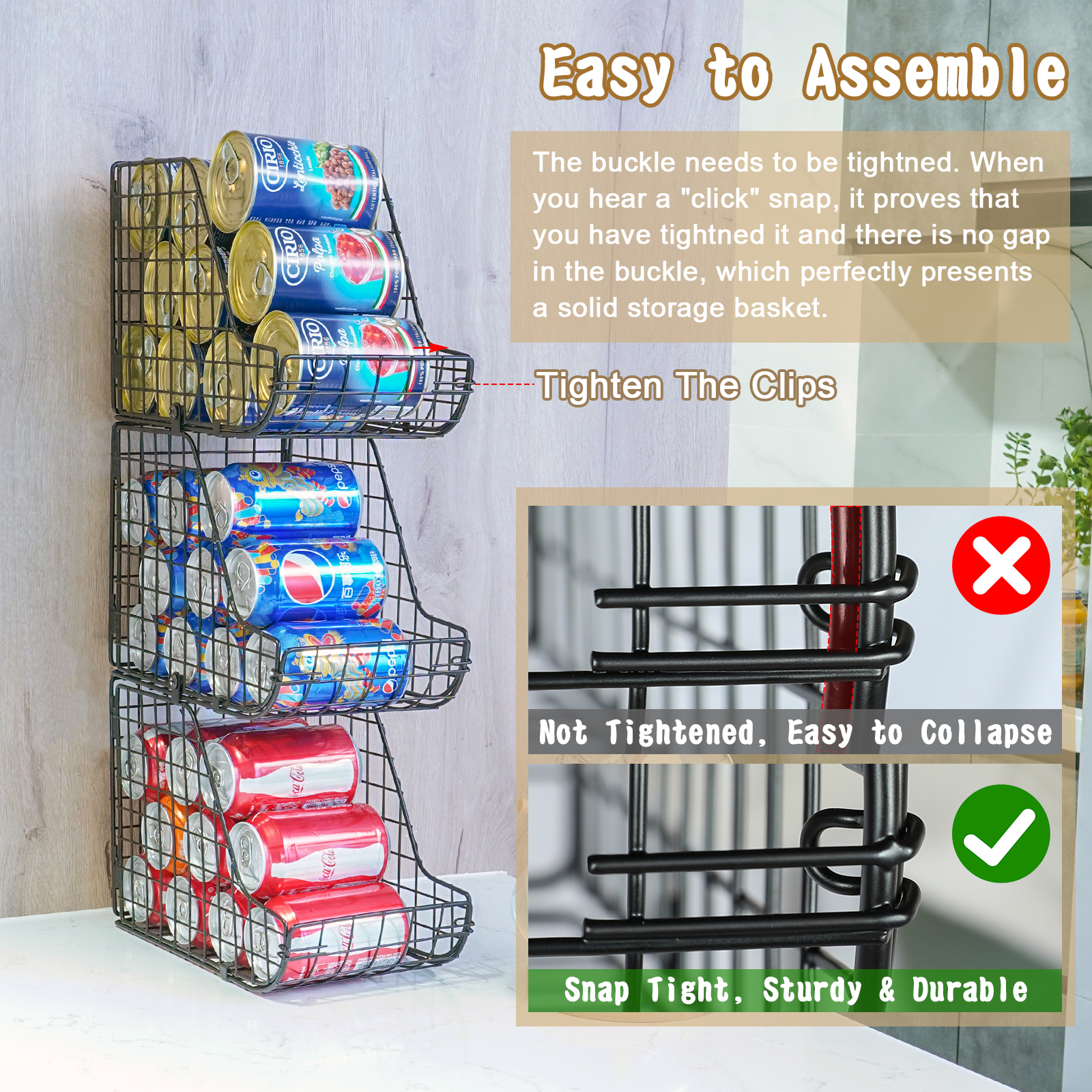 3 Pack Stackable Can Organizer Metal Wire Basket Beverage Pop Soda Rack Stand Kitchen Pantry Countertop Cabinets