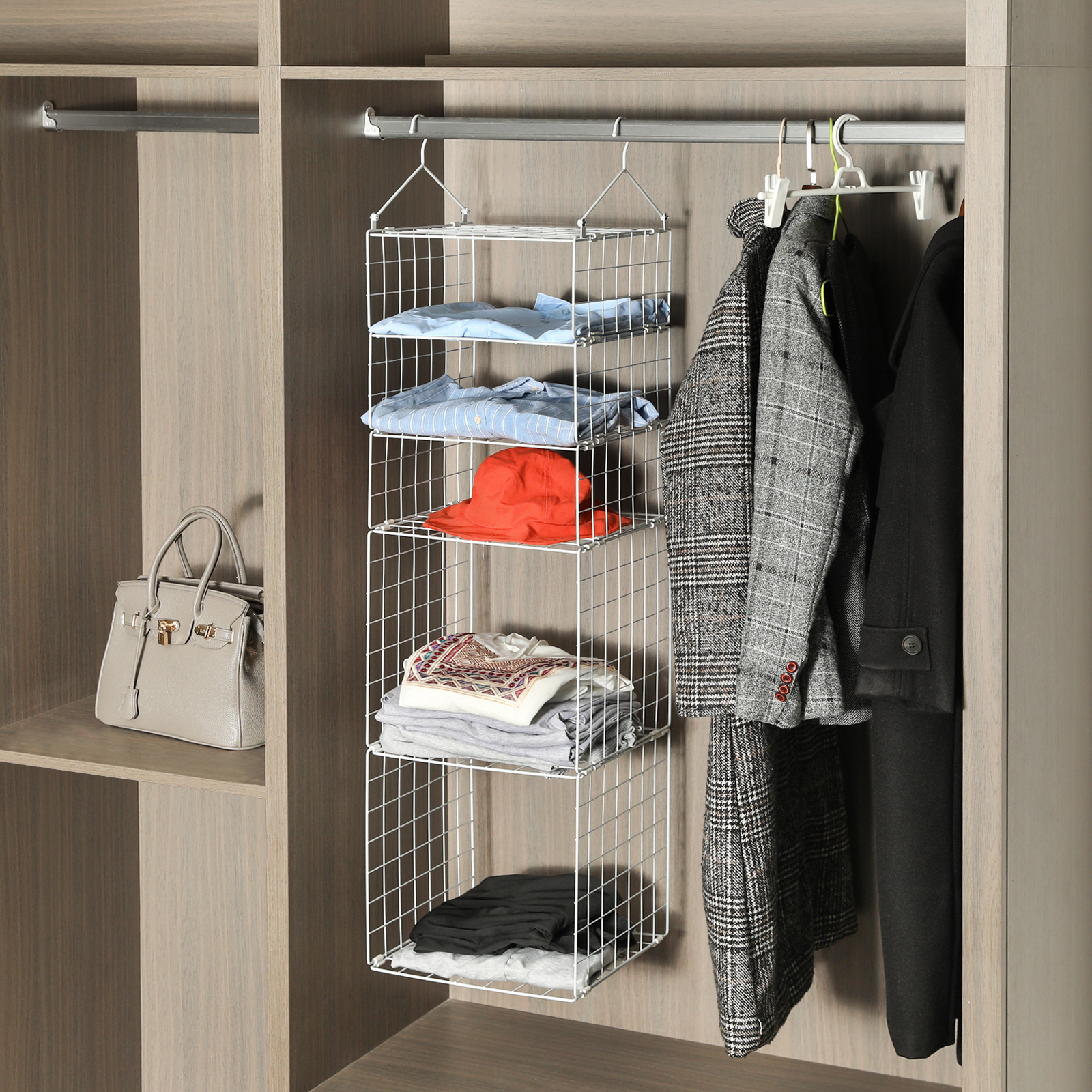 White 5 Tier Adjustable Stackable Foldable Hanging Countertop Closet Organizer Shelf