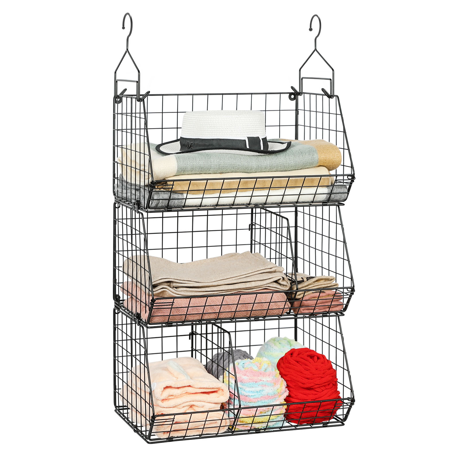 3 Tier Stackable Foldable Hanging Closet Organizer with Divider Coutertop Hanging Clothing Organizer