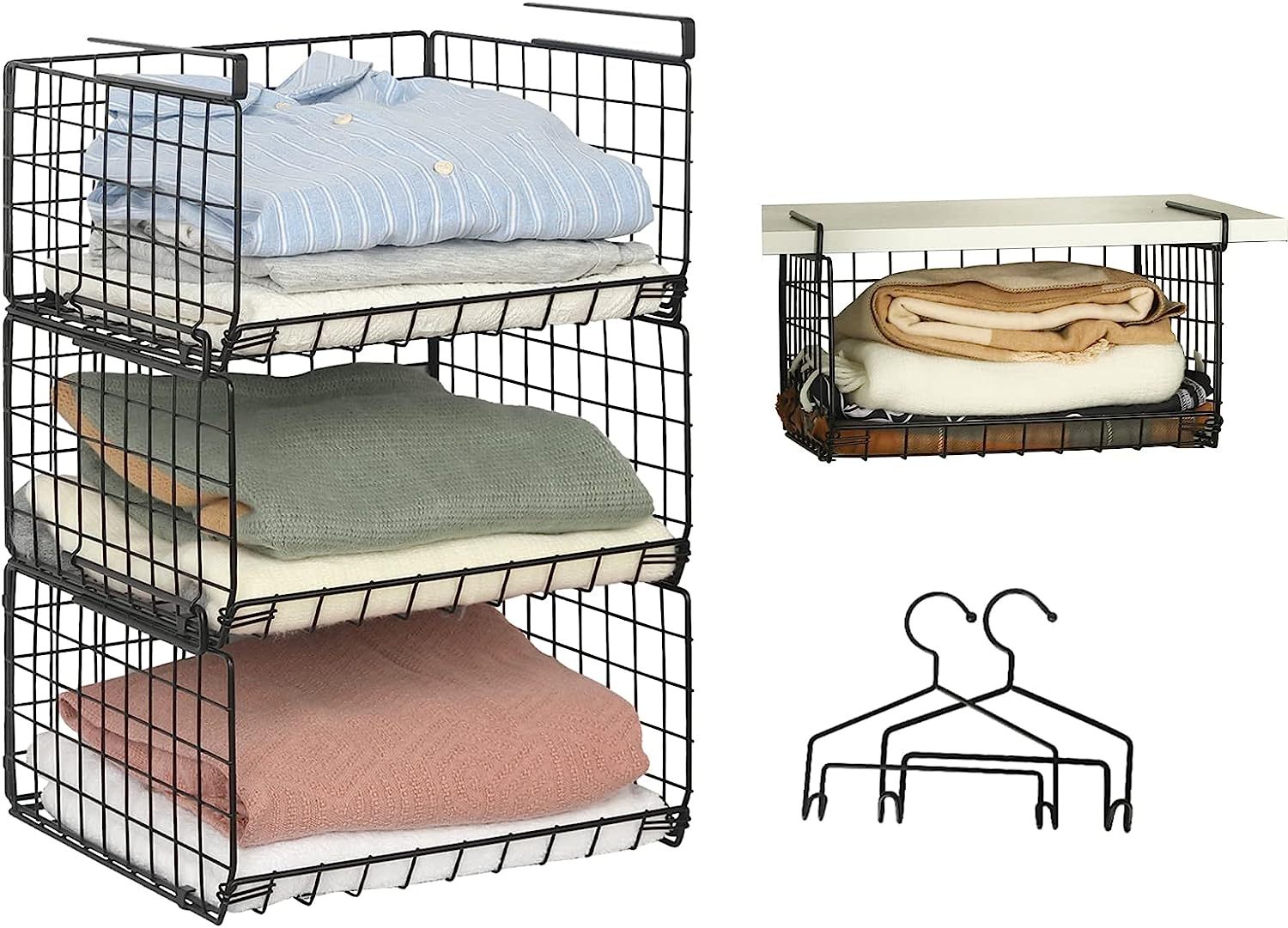 3 Tier Foldable Stackable Under Closet Hanging Shelf Closet Organizer Wire Basket with Hooks
