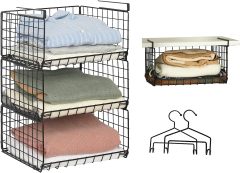 3 Tier Foldable Stackable Under Closet Hanging Shelf Closet Organizer Wire Basket with Hooks