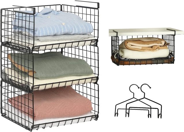 3 Tier Foldable Stackable Under Closet Hanging Shelf Closet Organizer Wire Basket with Hooks