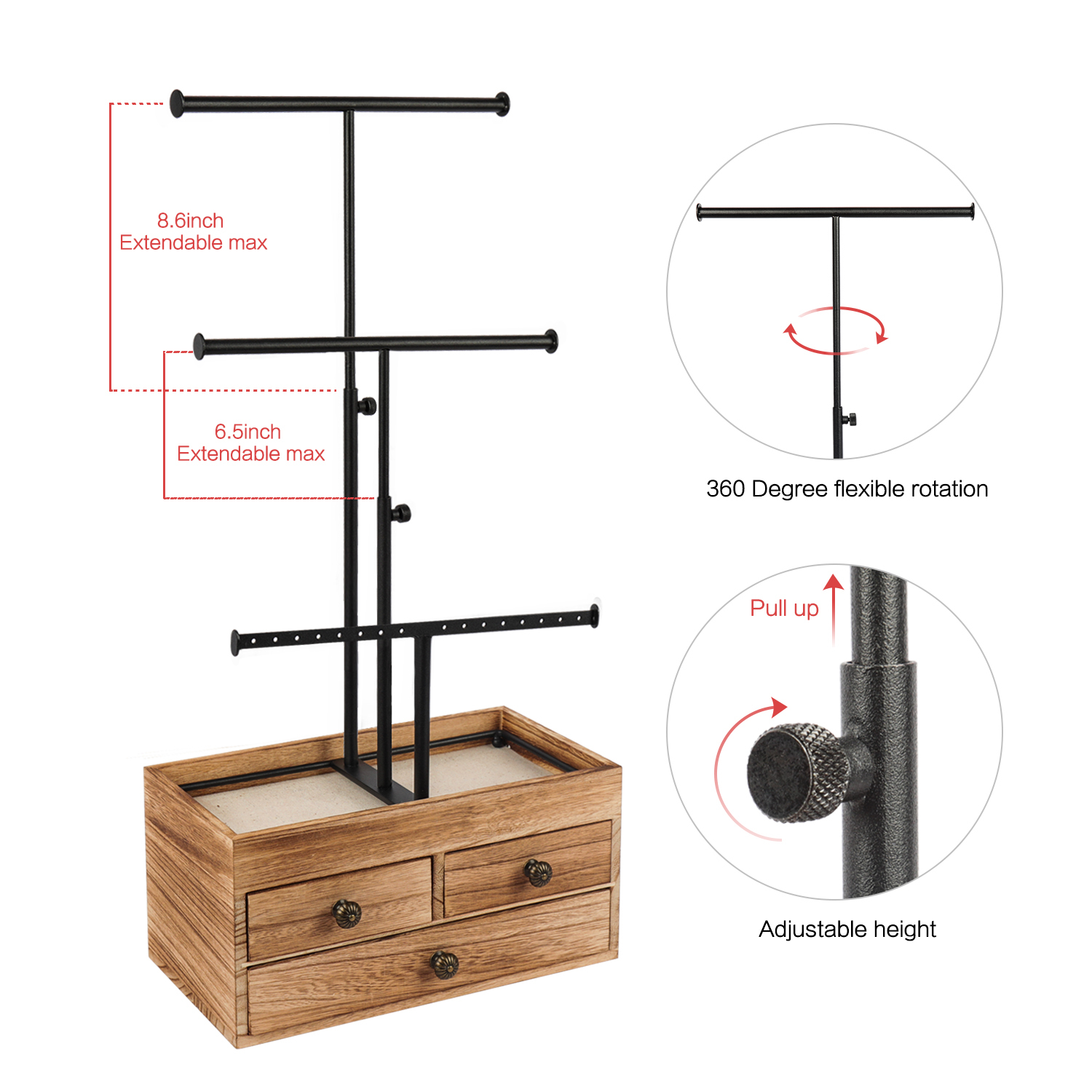 3 Tier Metal Jewelry Necklaces Holder Stand with Wood Basic Storage Box