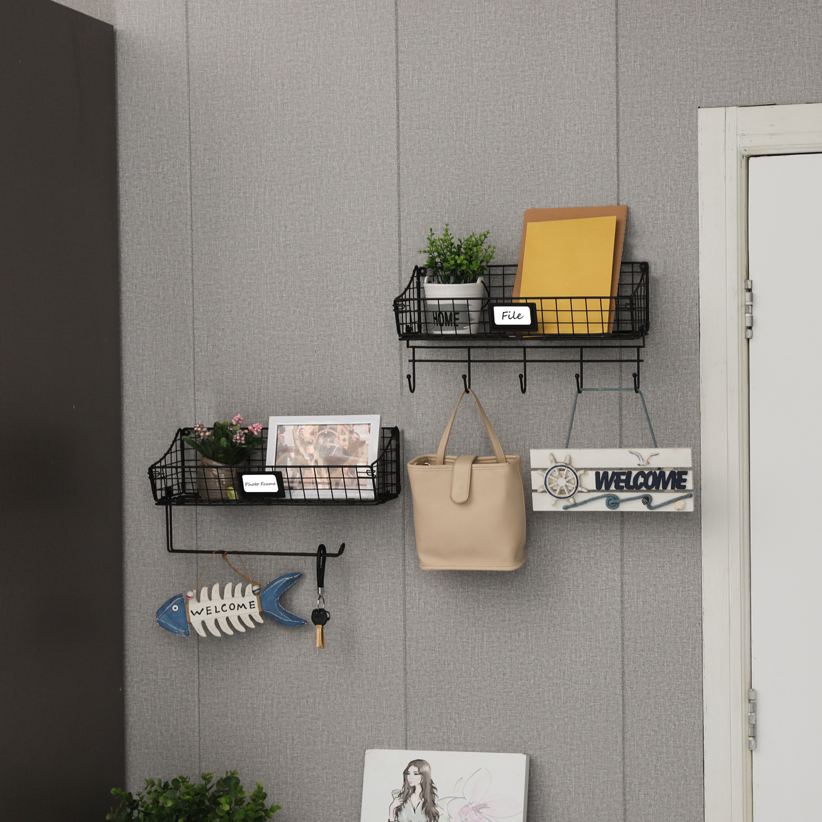 3pcs Foldable Wall Mounted Anti-Rusted Storage Basket with Towel Paper Hook