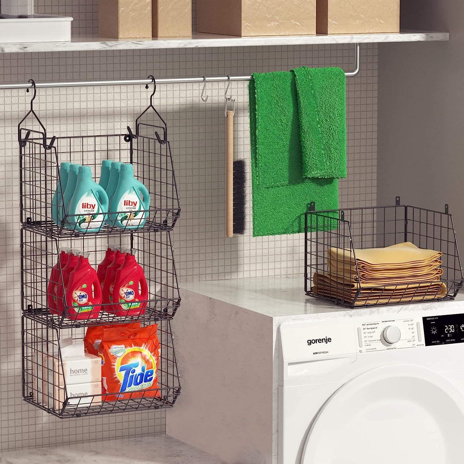 Black 3 Tier Stackable Foldable Hanging Countertop Closet Organizer with Hanging S Hook