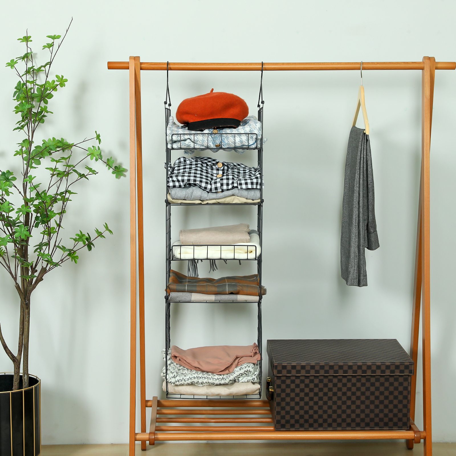 5 Tier Stackable Foldable Hanging Closet Wire Basket Shelf Organizer