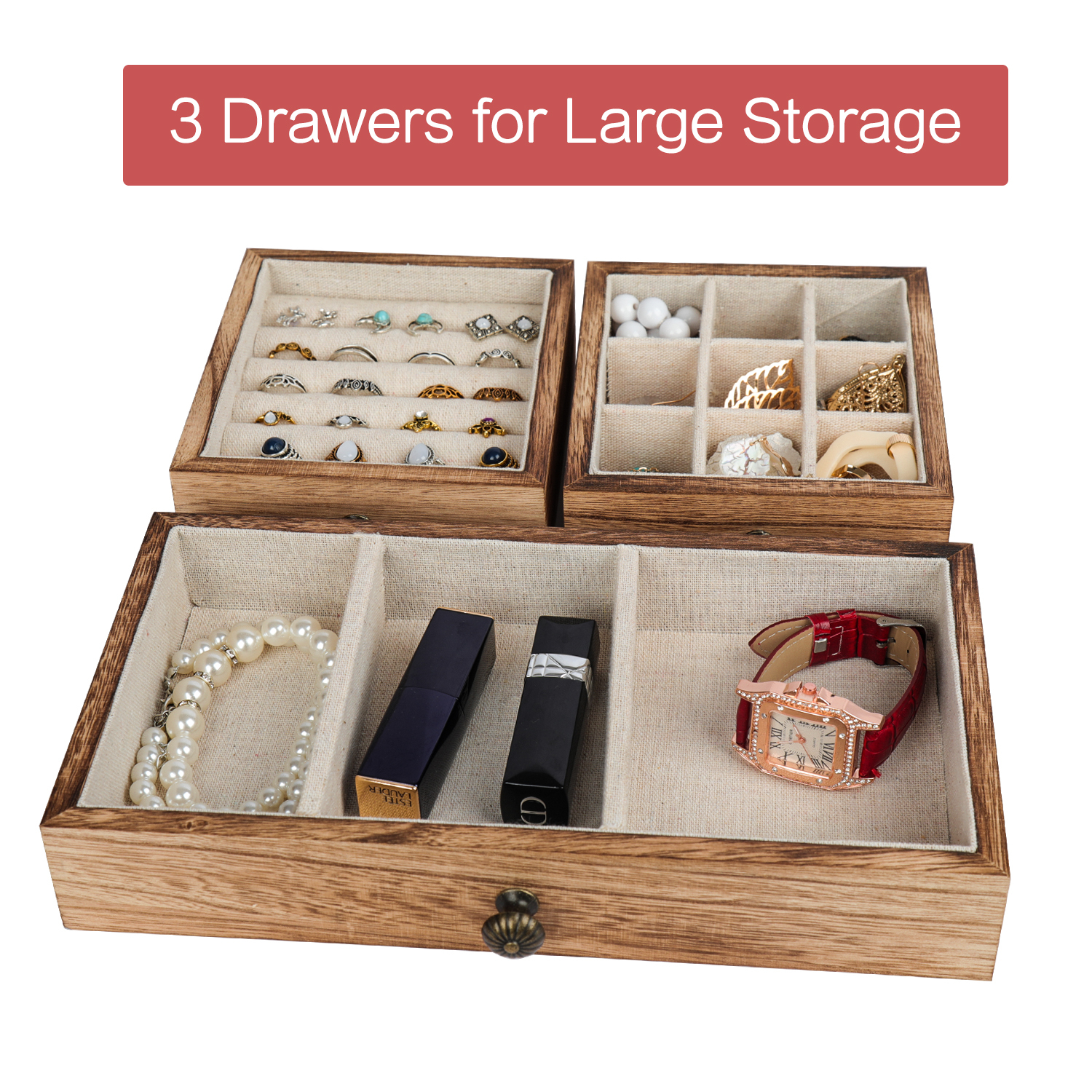 3 Tier Metal Jewelry Necklaces Holder Stand with Wood Basic Storage Box
