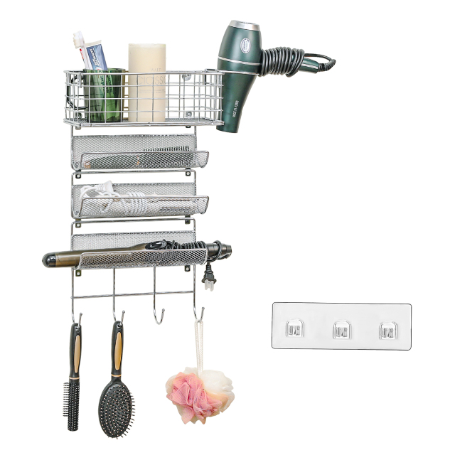 Silver 4 Shelf Wall Mounted Hair Dryer Holder Organizer with Hook