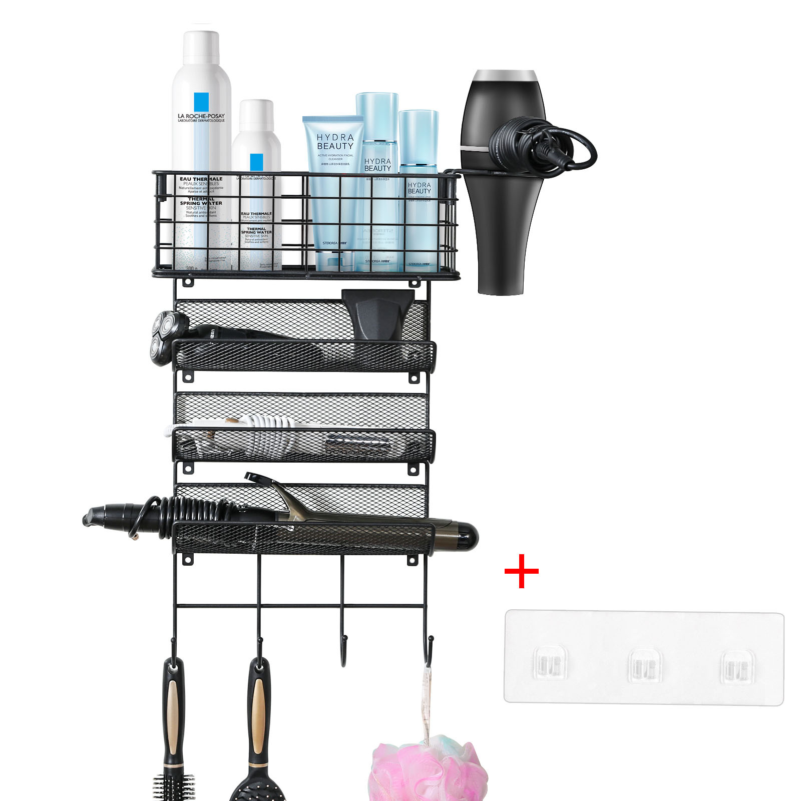 Black 4 Shelf Wall Mounted Hair Dryer Holder Organizer with Hook