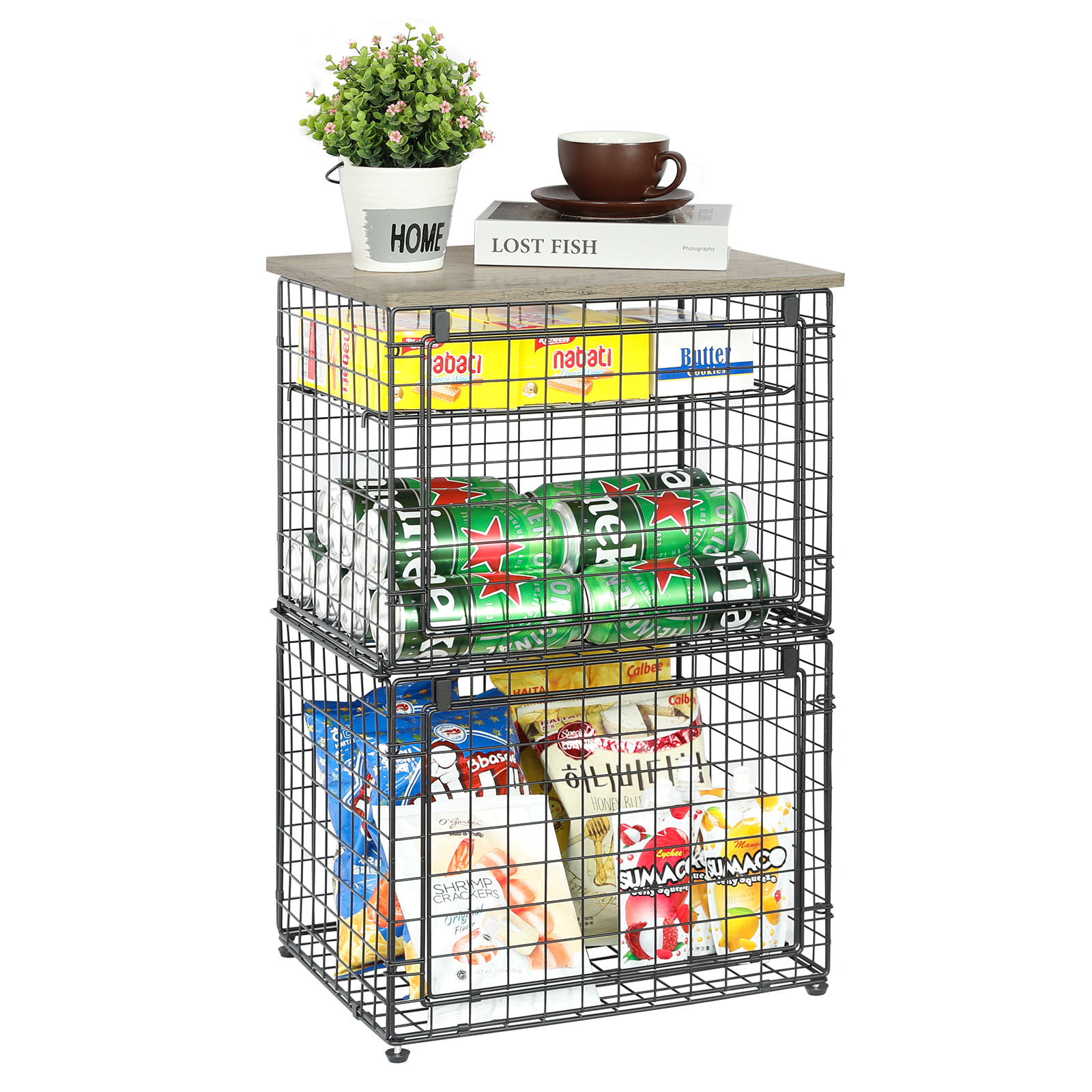 2 Stackable Foldable Big Size Laundry Storage Basket with Wooden Tabletop