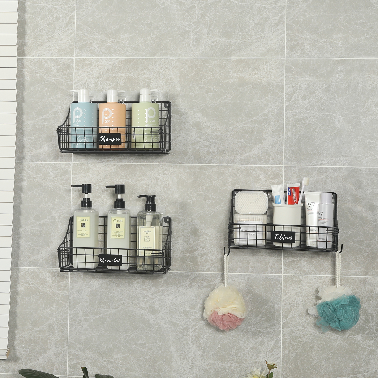 4pcs Foldable Wall Mounted Caddy Storage Wire Basket with Hook