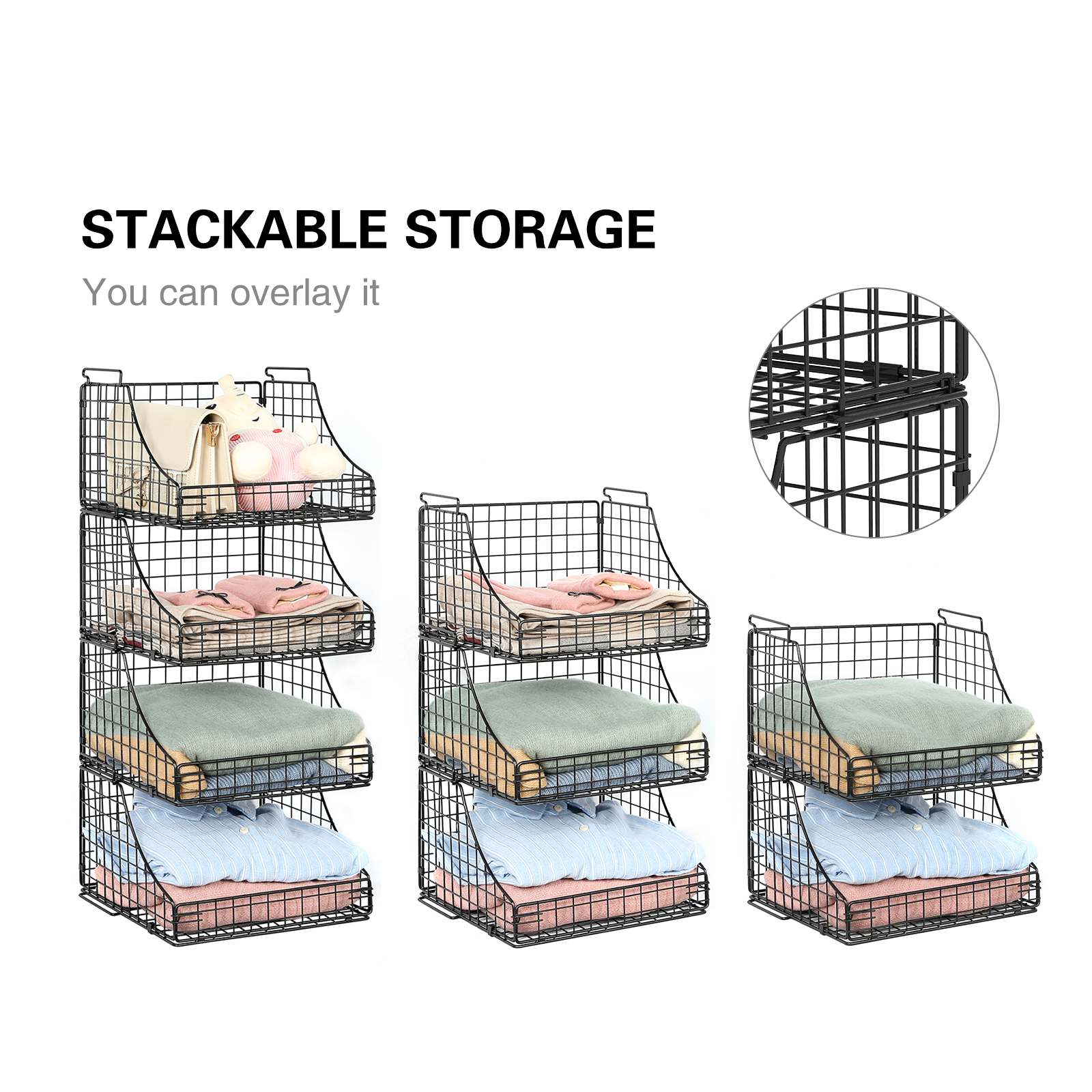 4pcs Stackable Foldable Countertop Wire Basket Closet Organizer