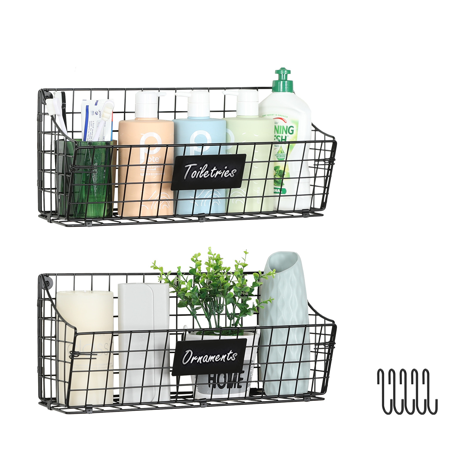 Larger Size 2pcs Foldable Wall Mounted Caddy Storage Wire Basket with Hook