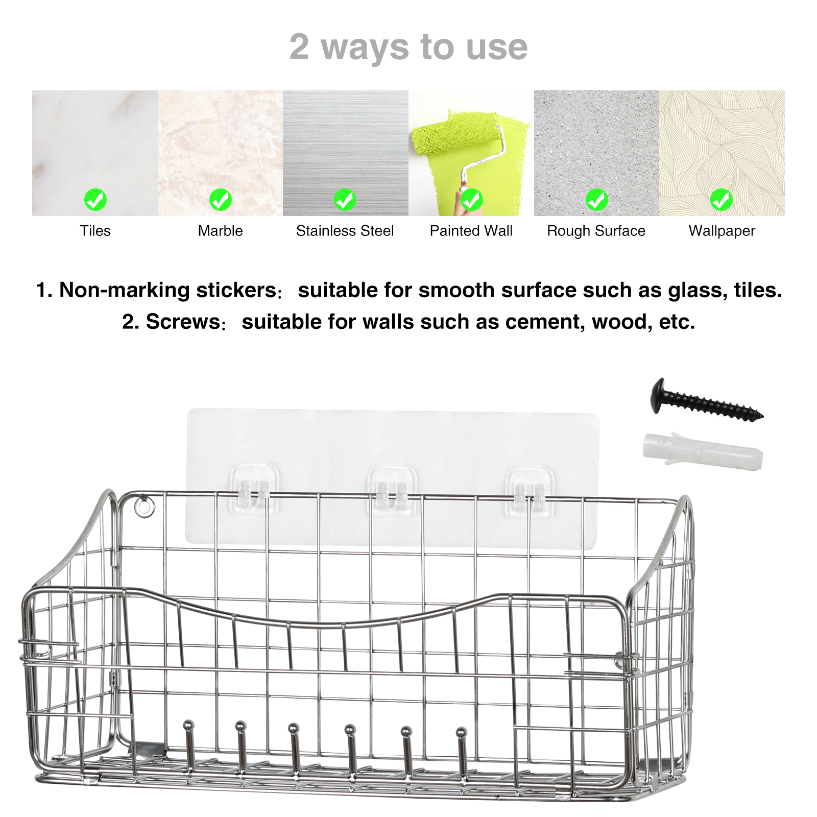 2 Pack Shower Caddy Bathroom Wall Mount Shelf Basket with removeable Hooks