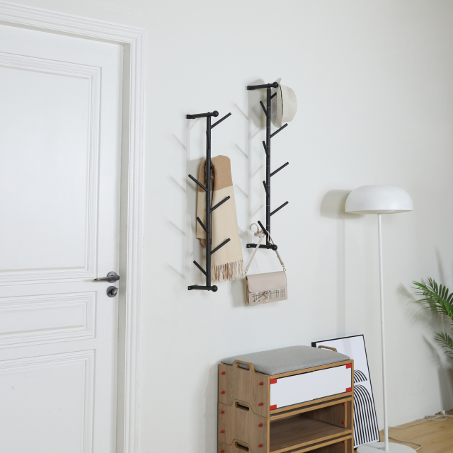 Black DIY 180° Rotary Tree Branch Wall Mounted Coat Cloth Organizer for Entryway