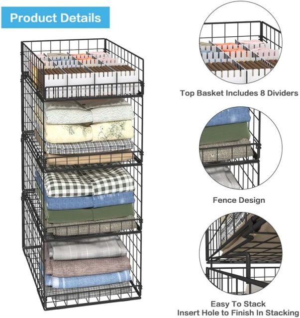Black Stackable and Foldable Closet Organizers Closet Shelf with Top Devider