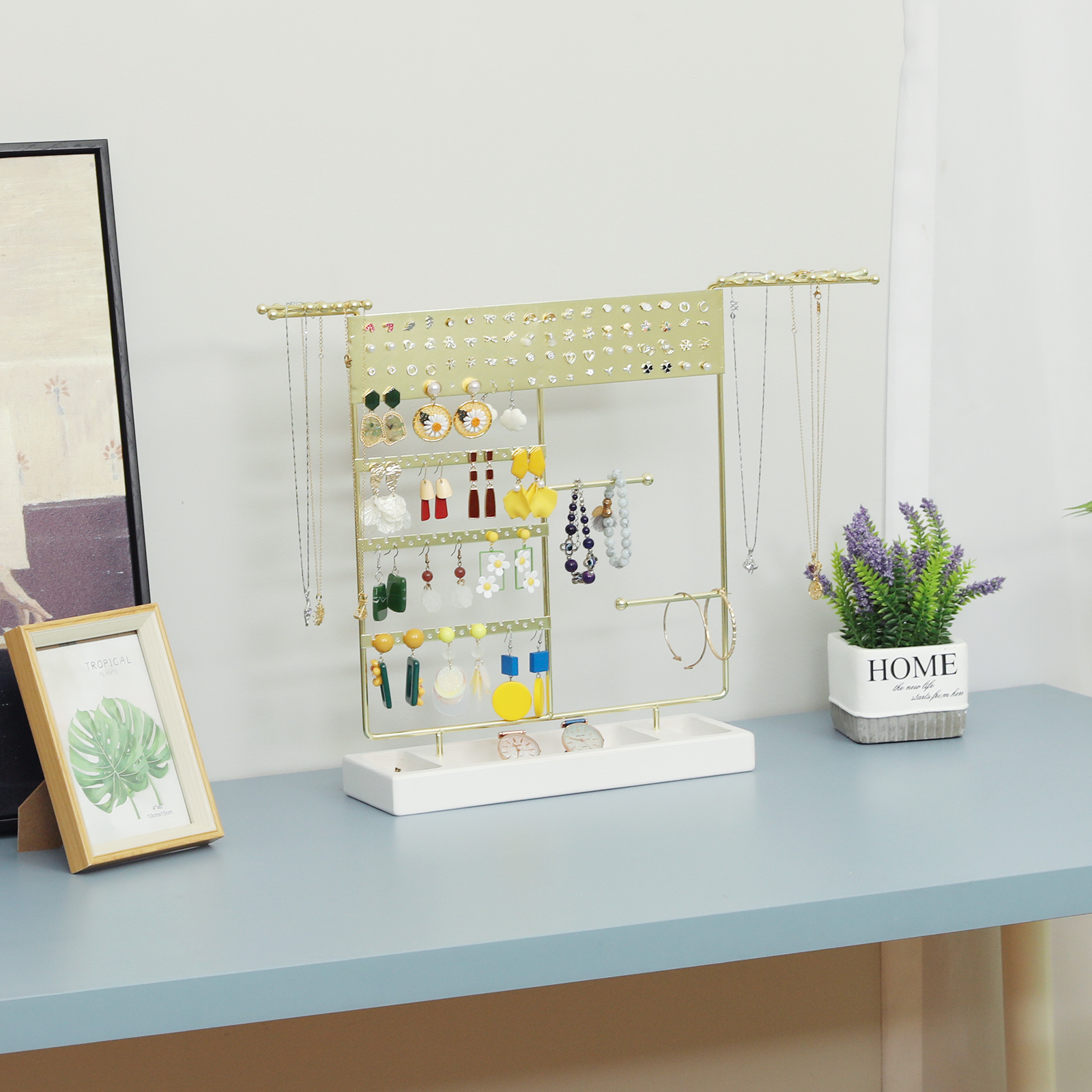 Earring Necklace Holder, Ear Stud Organizer with Wooden Tray