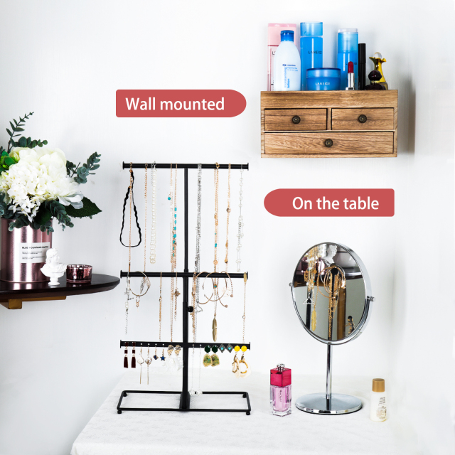 3 Tier Metal Jewelry Necklaces Holder Stand with Wood Basic Storage Box