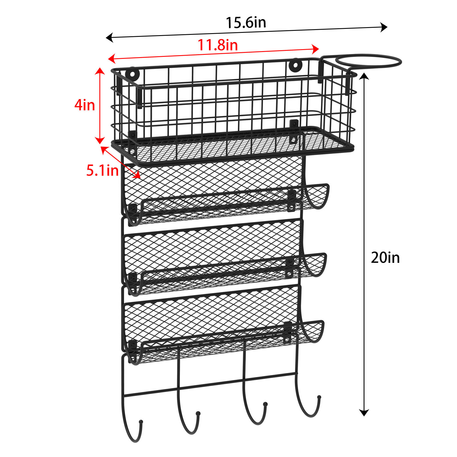 Black 4 Shelf Wall Mounted Hair Dryer Holder Organizer with Hook