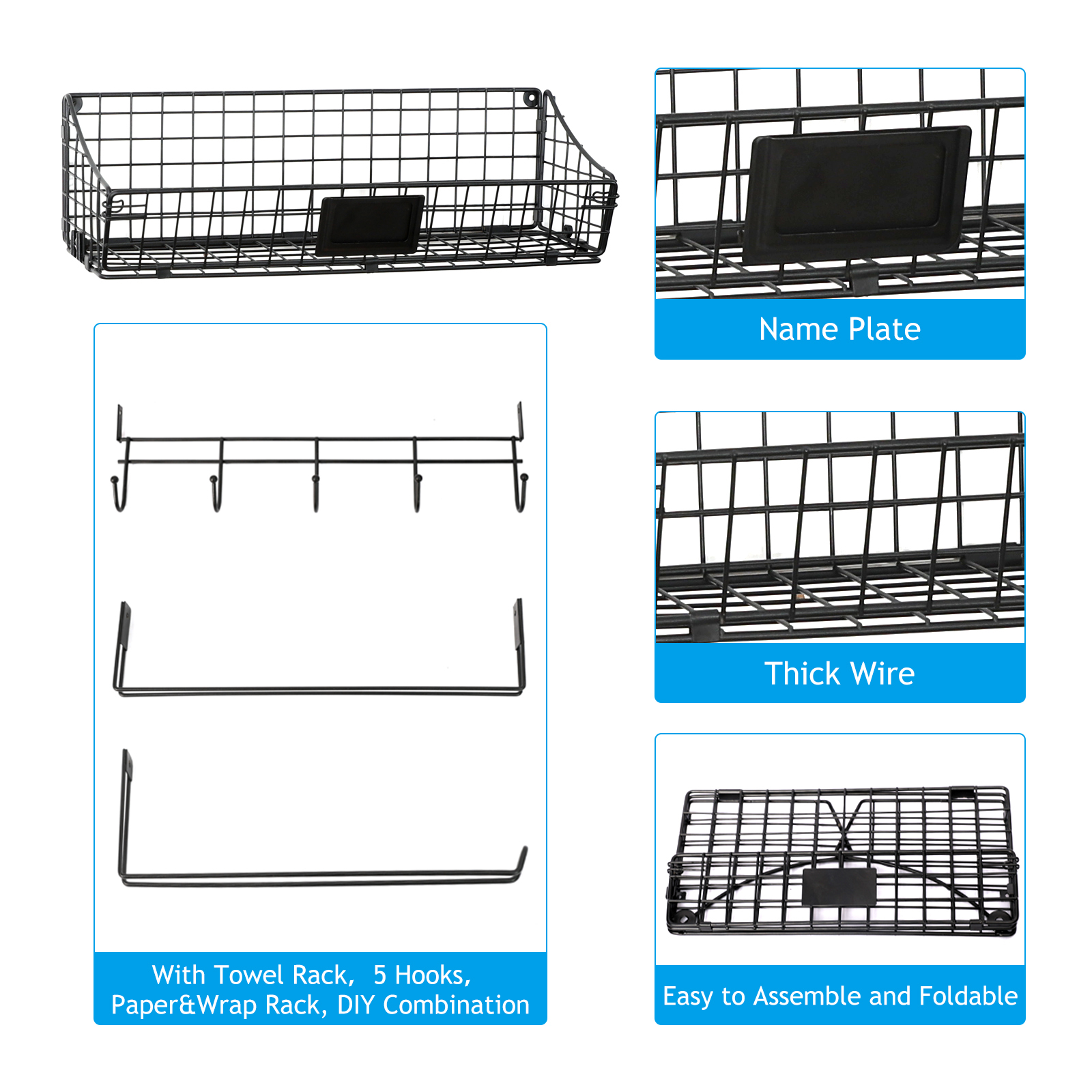3pcs Foldable Wall Mounted Anti-Rusted Storage Basket with Towel Paper Hook