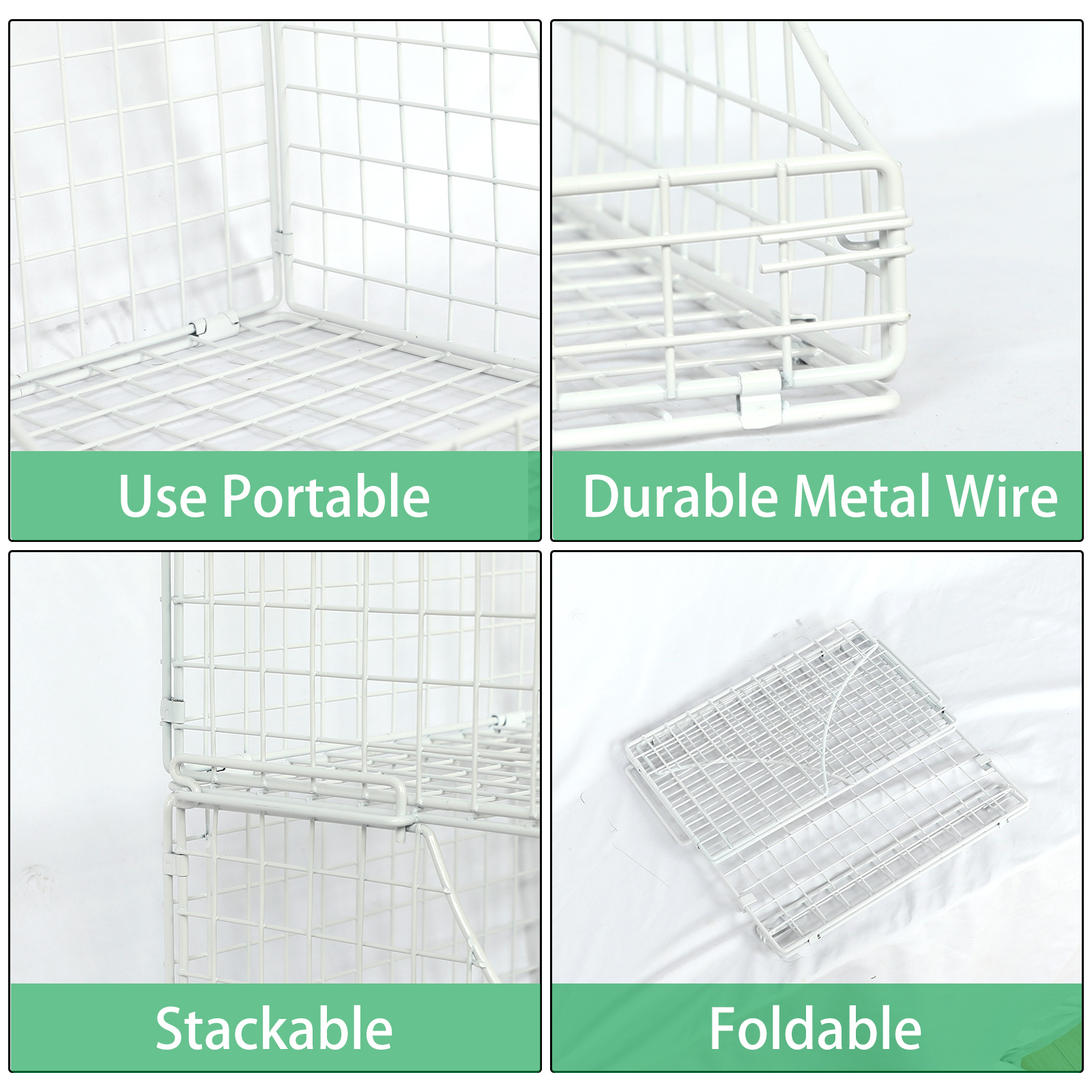 White 3pcs Stackable Foldable Countertop Wall Mounted Wire Basket Closet Organizer