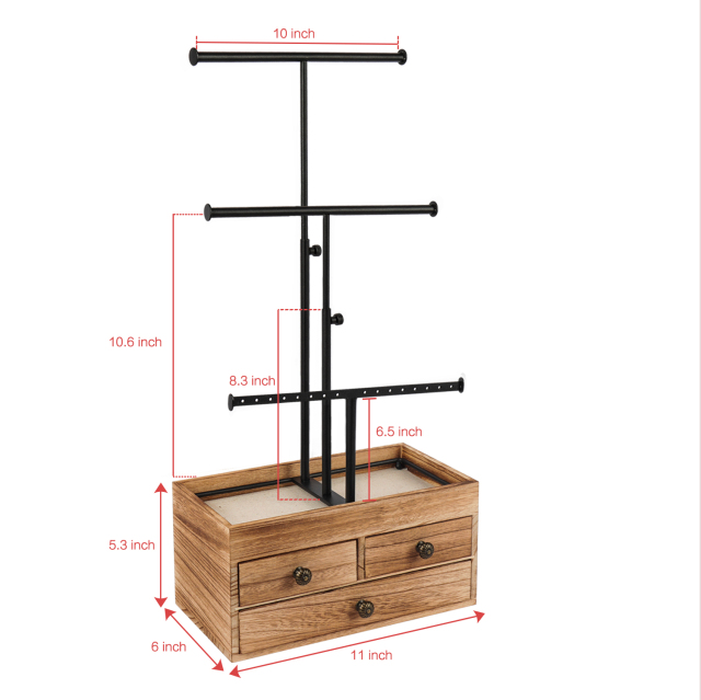 3 Tier Metal Jewelry Necklaces Holder Stand with Wood Basic Storage Box