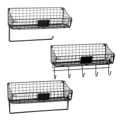3pcs Foldable Wall Mounted Anti-Rusted Storage Basket with Towel Paper Hook