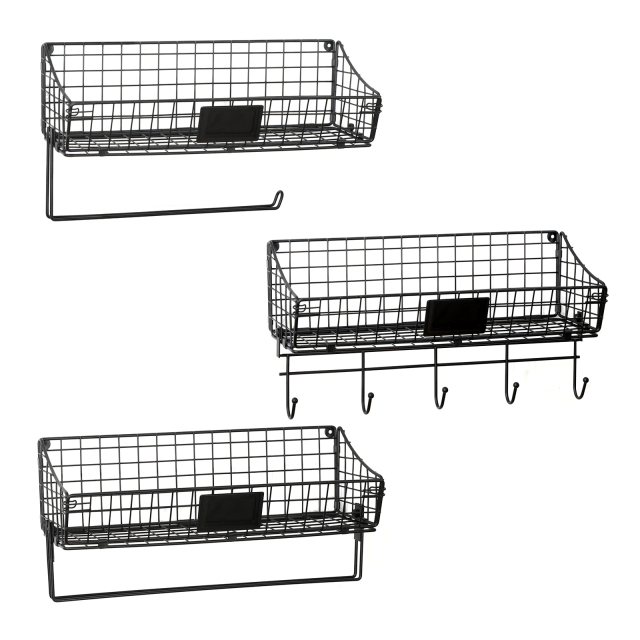 3pcs Foldable Wall Mounted Anti-Rusted Storage Basket with Towel Paper Hook